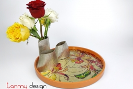 Orange round lacquer tray hand-painted with Orchid  30cm